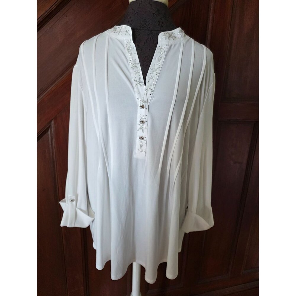 J.T.B White Long Sleeve Blouse With Rhinestone Embellishments Size XL
